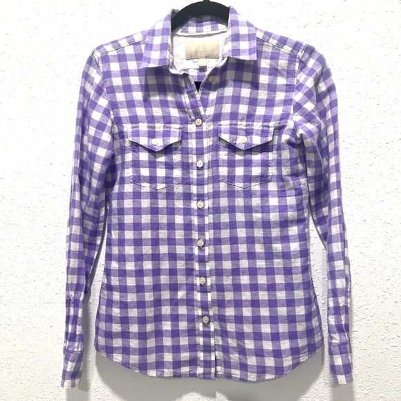 Banana Republic Tops - Banana Republic linen cotton Lavender and White Plaid Shirt XS